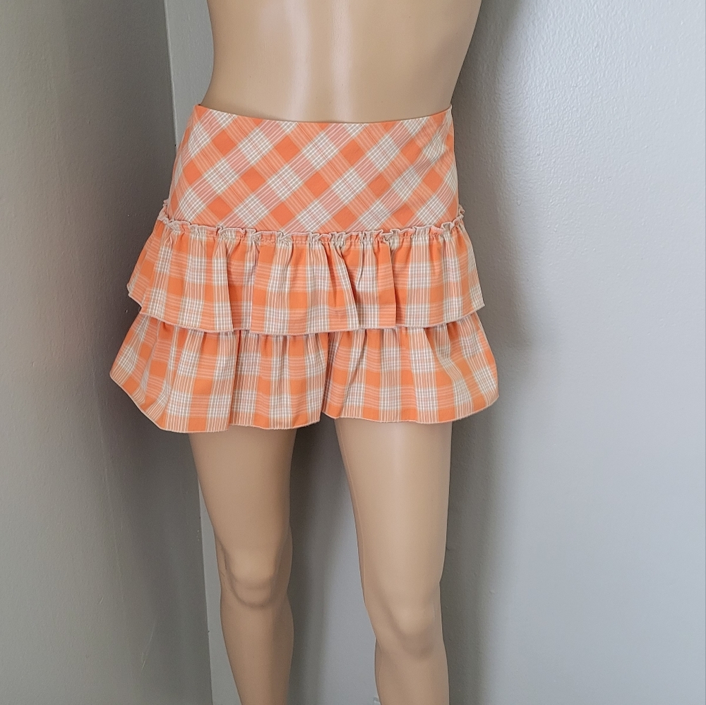 NWOT! SELECTIONS ORANGE PLAID RUFFLE MINI SKIRT - Picture 2 of 5